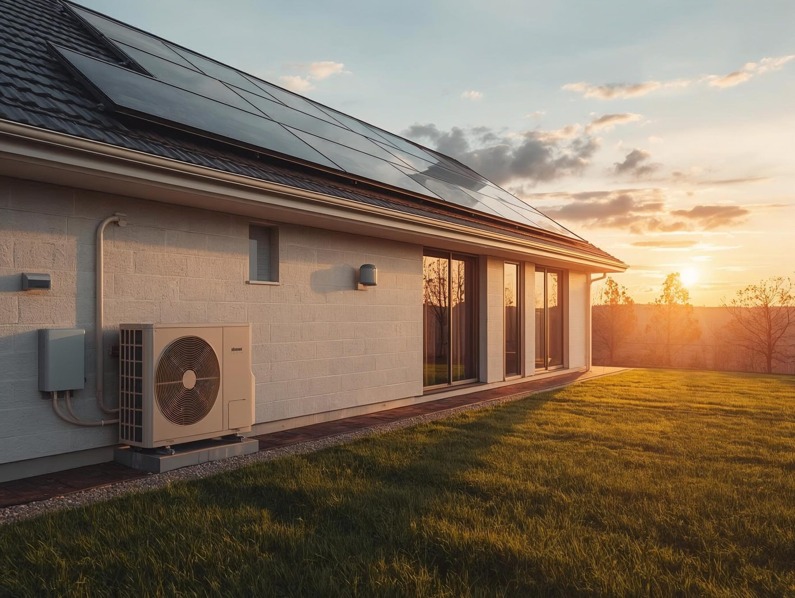 Maison réaliste avec pompe à chaleur et panneaux solaire, soleil